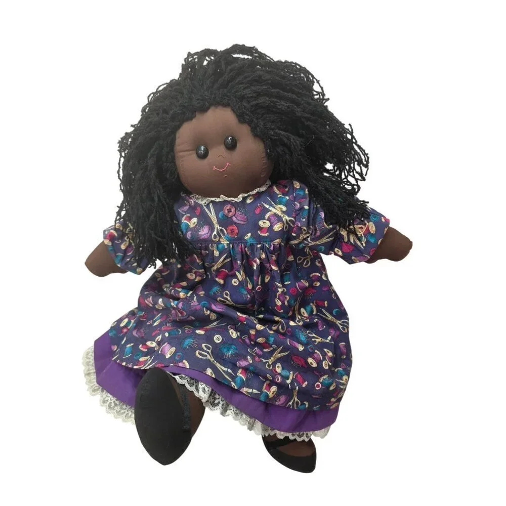 Handmade 90/00s 26″ African American Cloth Rag Doll Yarn Hair Folk Art Vtg Style